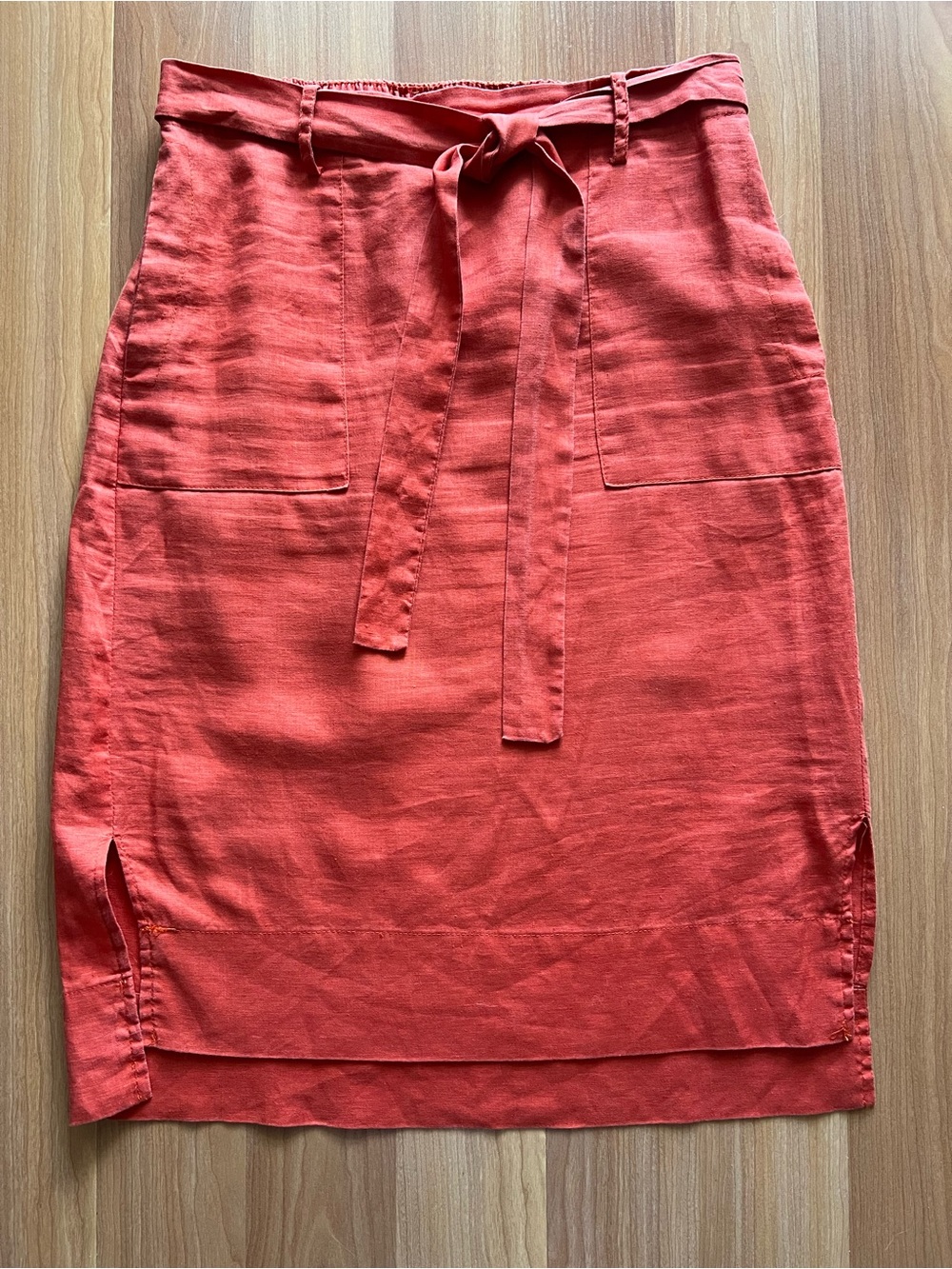Catherine Malandrino Linen Midi Skirt Coral Tie Waist Pockets S Fits M - Picture 3 of 11